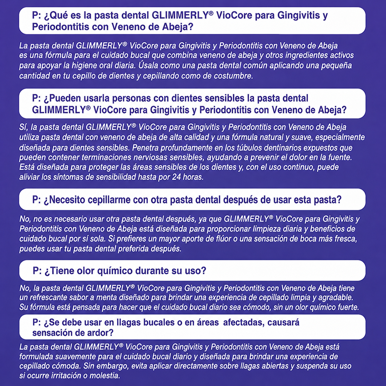 墨西哥 GLIMMERLY® VioCore: pasta dentífrica para el tratamiento de la gingivitis y la periodontitis con veneno de abeja