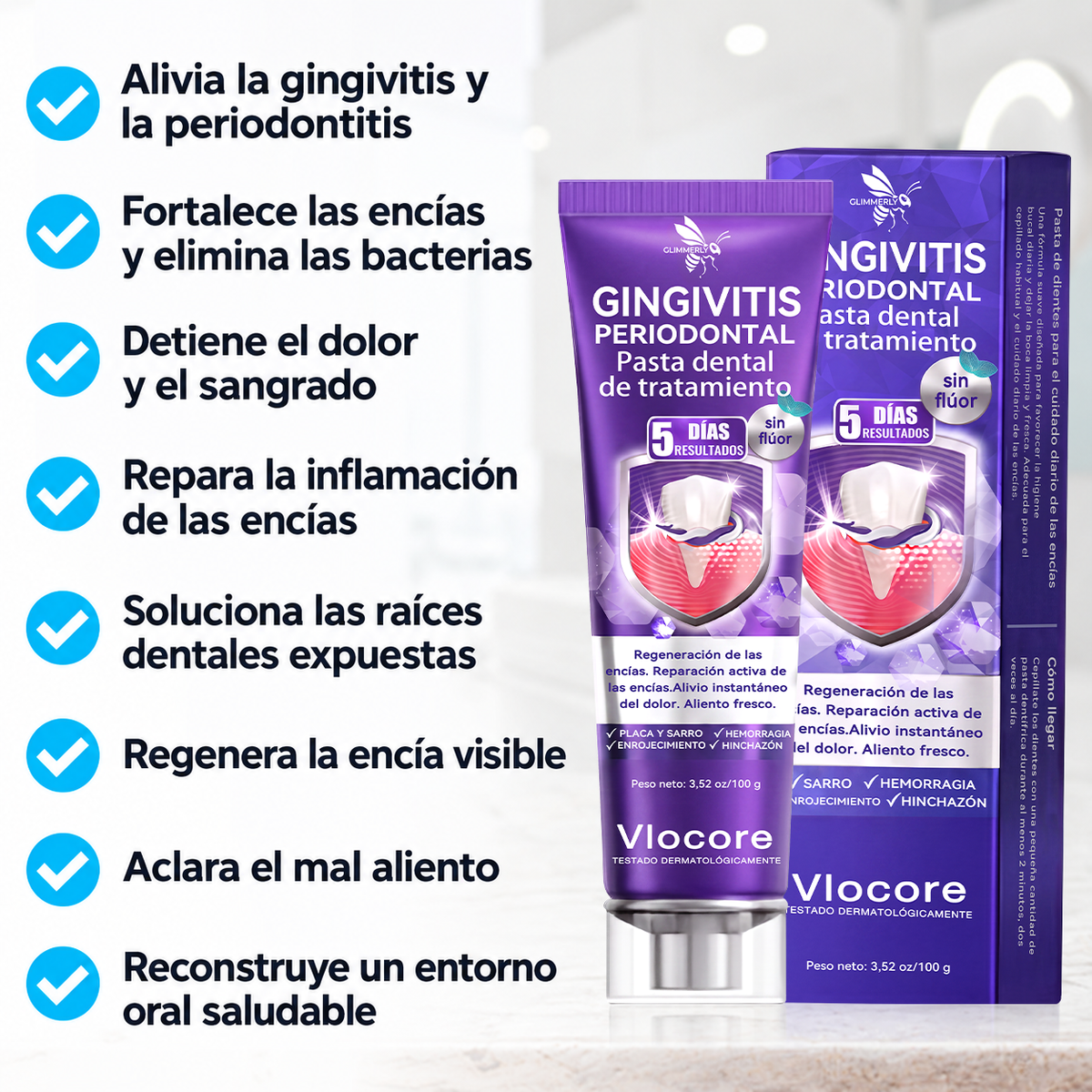 墨西哥 GLIMMERLY® VioCore: pasta dentífrica para el tratamiento de la gingivitis y la periodontitis con veneno de abeja